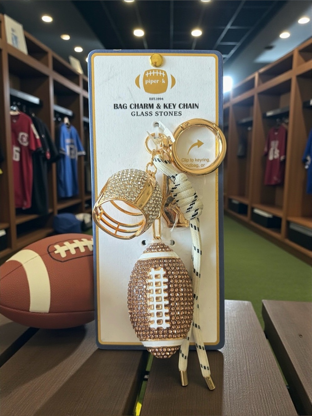 NEW - Piper K Football Themed Bag Charm & Keychain w/rhinestones, gold-tone